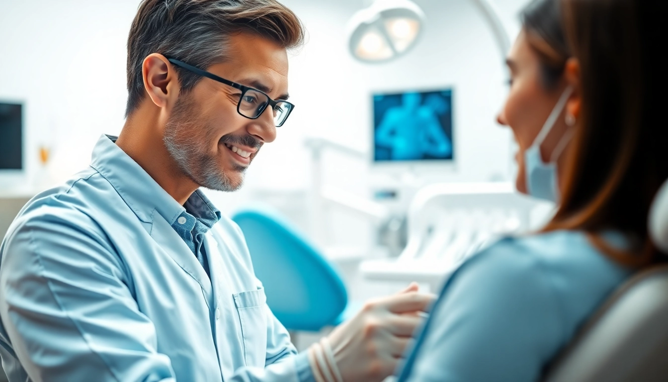 Engaging dentist examing a patient in a modern dental clinic with advanced equipment.