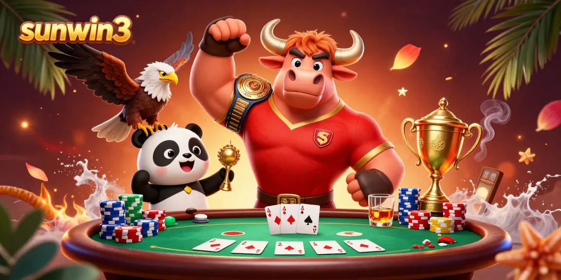 Experience the thrill of gaming at sunwin3 with a vivid illustration of iconic characters celebrating poker victories.