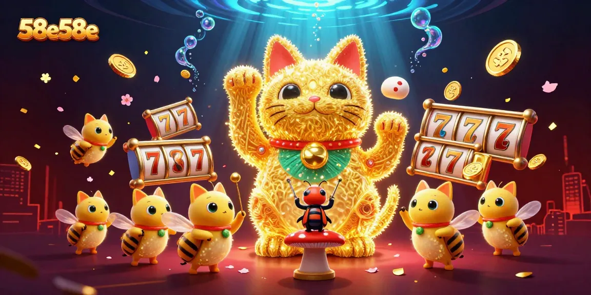 Atraia prêmios jogando no 58e58e, um gato da sorte animado com elementos de cassino ao redor, como fichas e jackpots.