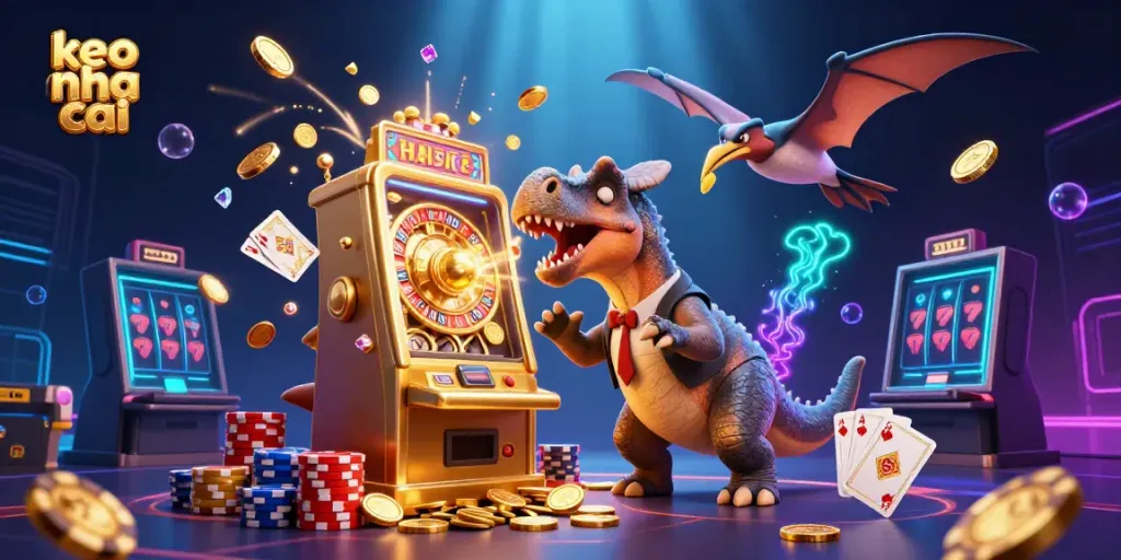 Celebrate wins at keo nha cai with this vibrant scene of cartoon dinosaurs in a casino!