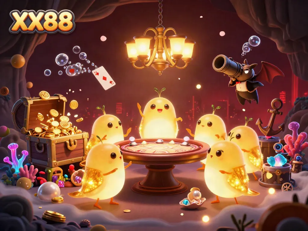 Experience the vibrant energy of XX88 with glowworms lighting up a cave casino filled with jewels and playing cards.