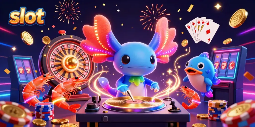 Mesin slot dan perayaan kasino dengan karakter kartun 3D yang meriah di bawah laut.