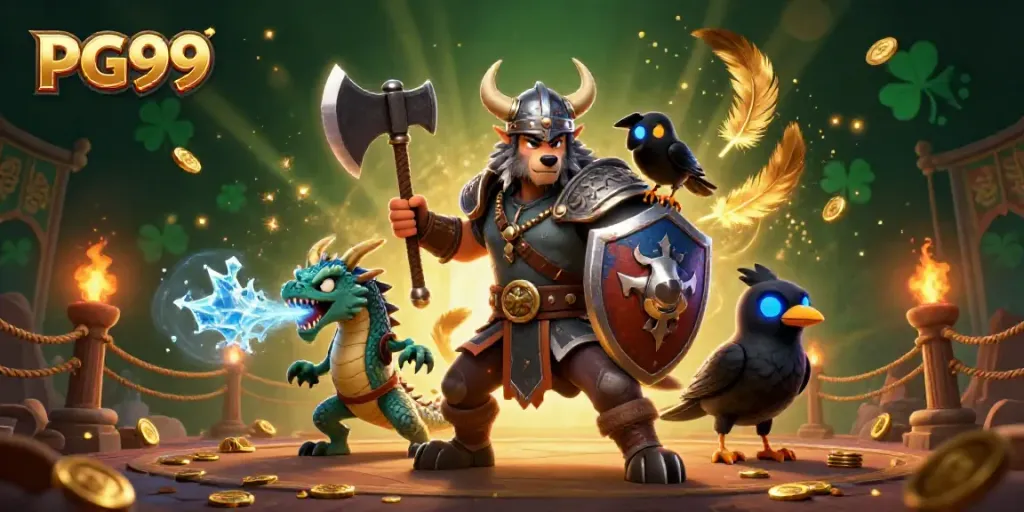 Engage with PG99 as the Viking wolf warrior and dragon capture the essence of gaming excitement.