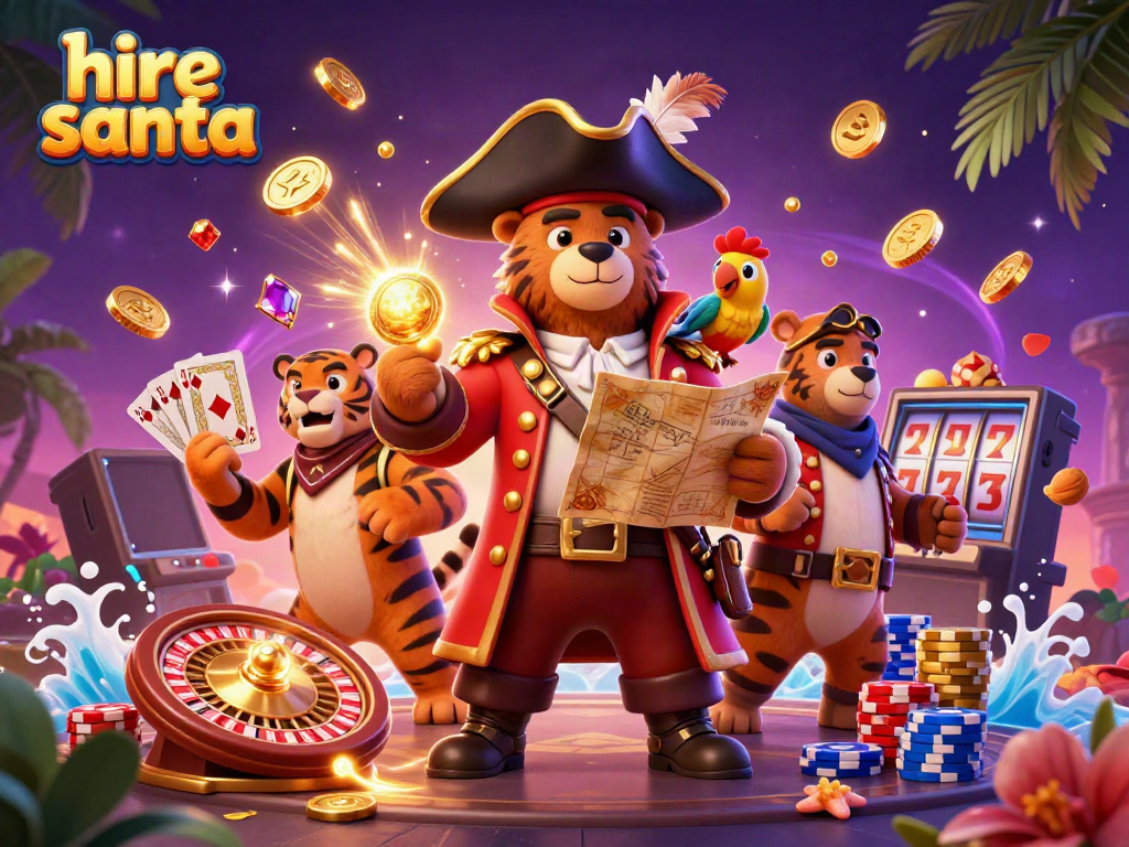 Hire Santa with pirate crew amidst cascading coins, blackjack cards, and roulette wheel.