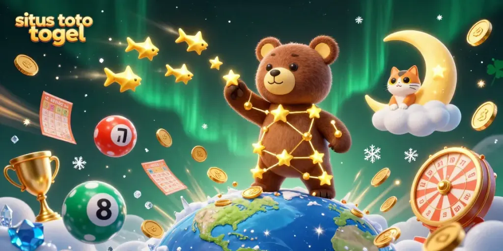 Experience situs toto togel with engaging lottery-themed elements and celestial characters in a dynamic 3D scene.