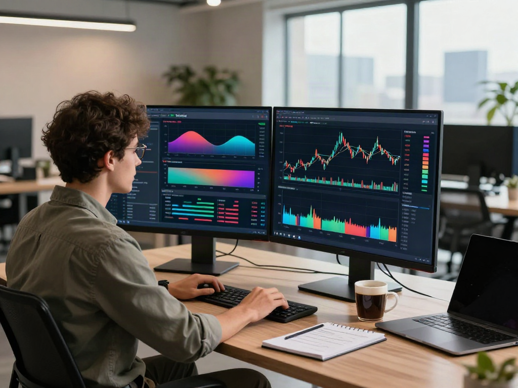 Trader using TradingView on dual monitors in a modern office.