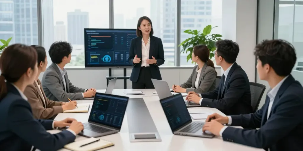 Engaging executive leadership coaching session with diverse leaders around a conference table.