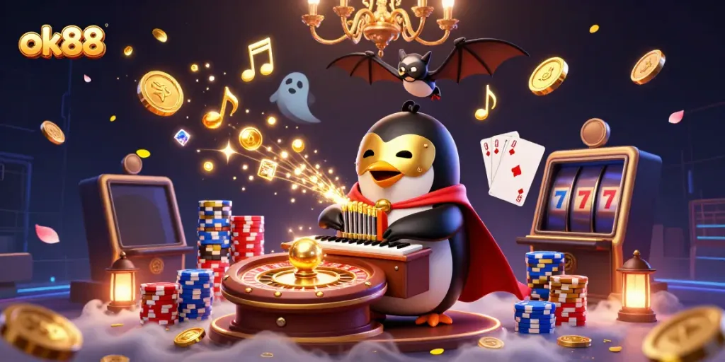 Experience the excitement of ok88 with a lively 3D casino scene featuring a penguin organist and floating treasures.