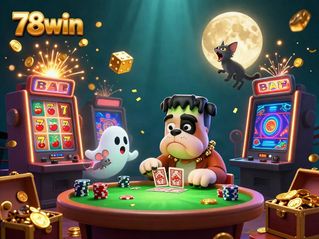 Engaging 3D scene of a Frankenstein bulldog and werewolf kitten at a casino table featuring diverse gambling elements, showcasing 78win.