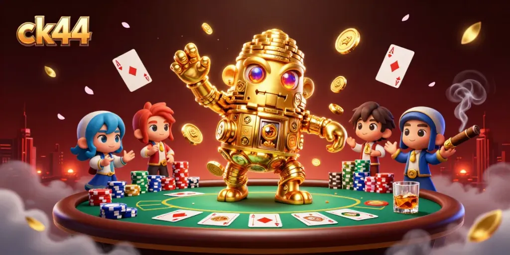 Engage with ck44's thrilling gambling experience, featuring a golden golem and poker elements.