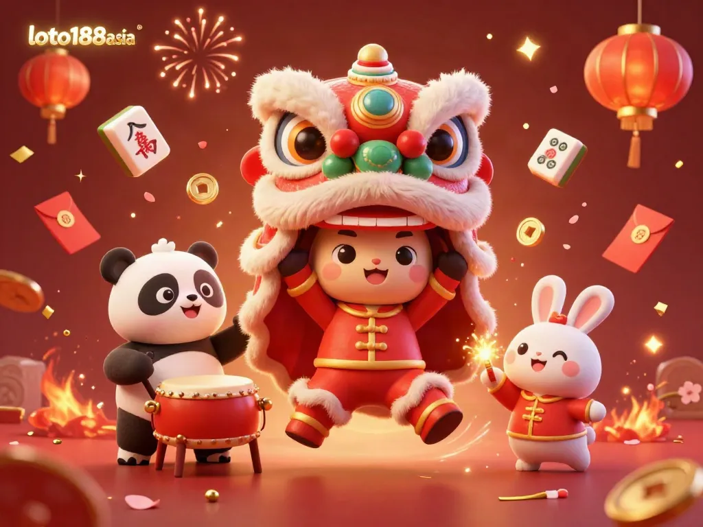 Celebrate with loto188asia in a vibrant 3D illustration of a festive lion dance surrounded by mahjong tiles and lucky symbols.