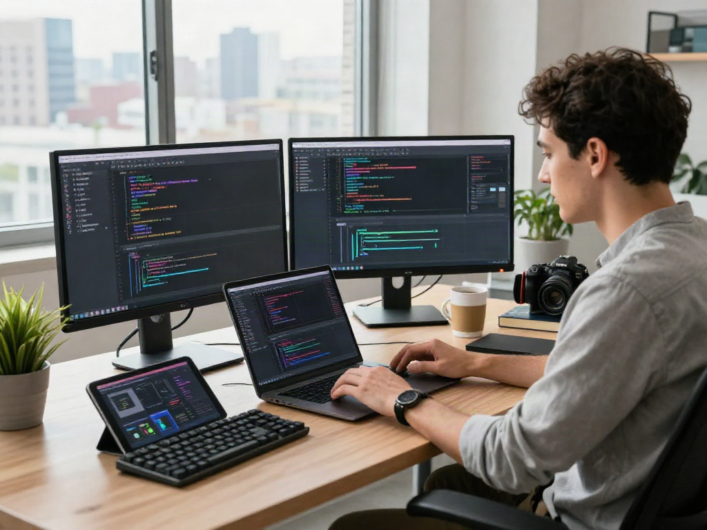 Developer menggunakan 快连 untuk coding di ruang kerja modern, dikelilingi perangkat teknologi.