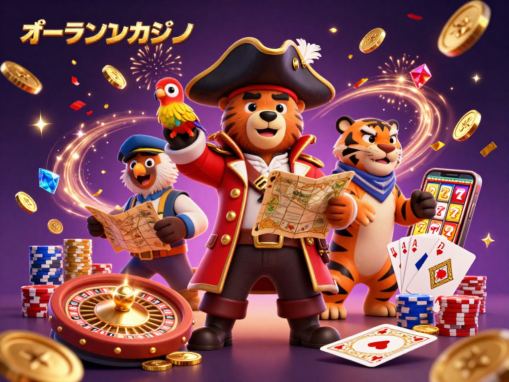 オンラインカジノのカジノゲームを楽しむキャラクターたちがダイナミックに描かれたイラスト。