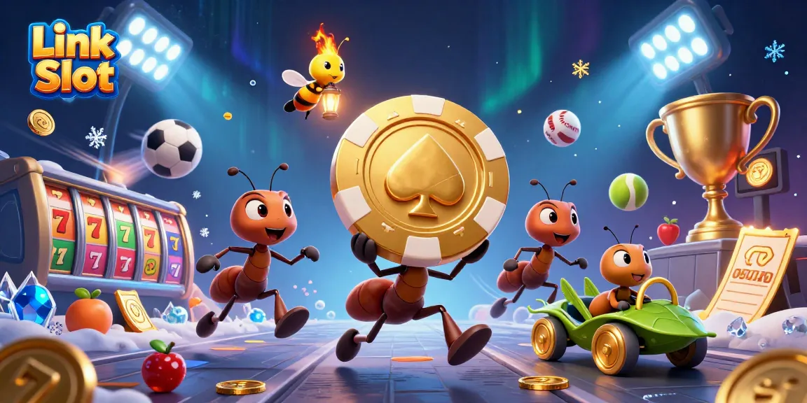Semut-semut berlari membawa chip poker besar saat memainkan Link Slot dengan latar belakang aurora.