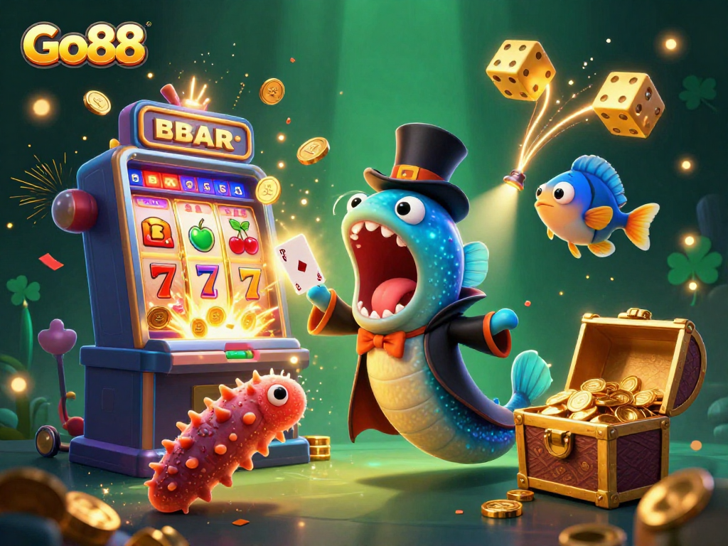 Experience Go88's vibrant casino world through a captivating scene featuring magical underwater characters and dynamic gaming elements.