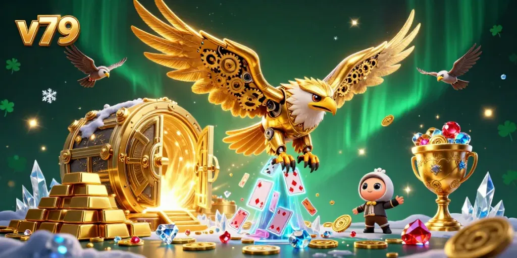 Experience the thrilling excitement of v79 with a stunning 3D casino scene bursting with treasure and holographic elements.