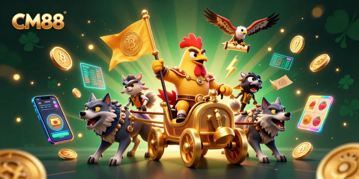Engage with CM88 in vibrant casino action filled with slots, golden coins, and dynamic characters.