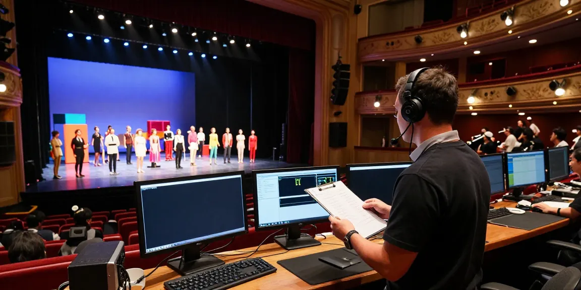 Stage manager overseeing rehearsal with advanced theatre apps and equipment