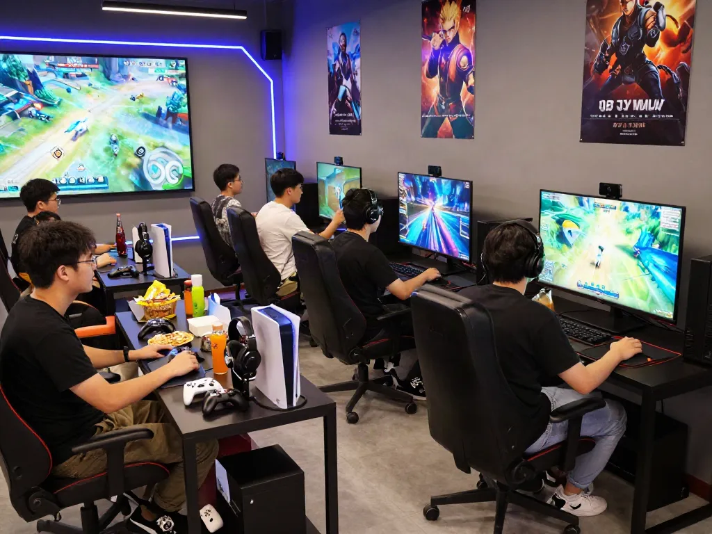 Engaging gaming atmosphere at rokok88 store with young adults enjoying multiplayer sessions and vibrant game displays.