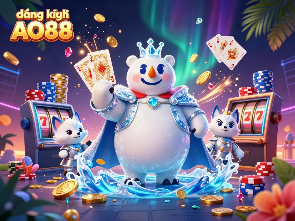 Unleash excitement with the captivating scene showcasing đăng ký AO88, combining a royal polar bear, a fox, and dynamic casino elements.