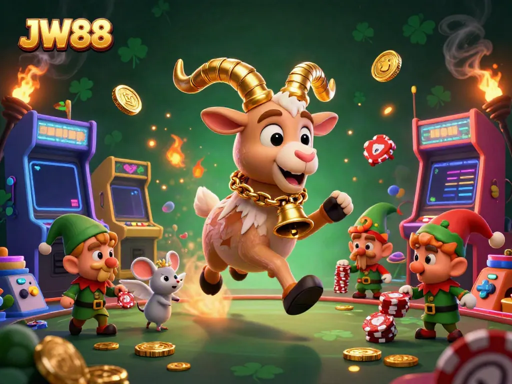 Engage in thrilling action at JW88, where a festive Krampus goat runs the casino amid lively elf gremlins stealing chips.