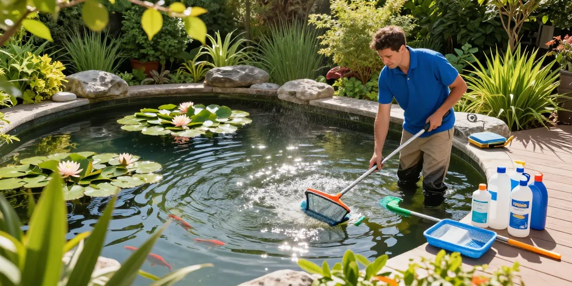 Pond Cleaning Essex: Professional cleaner scrubbing a backyard pond on a sunny day.