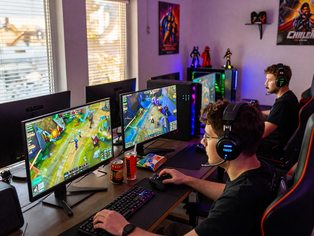 Players immersed in vin88 online gaming with vibrant visuals and snacks