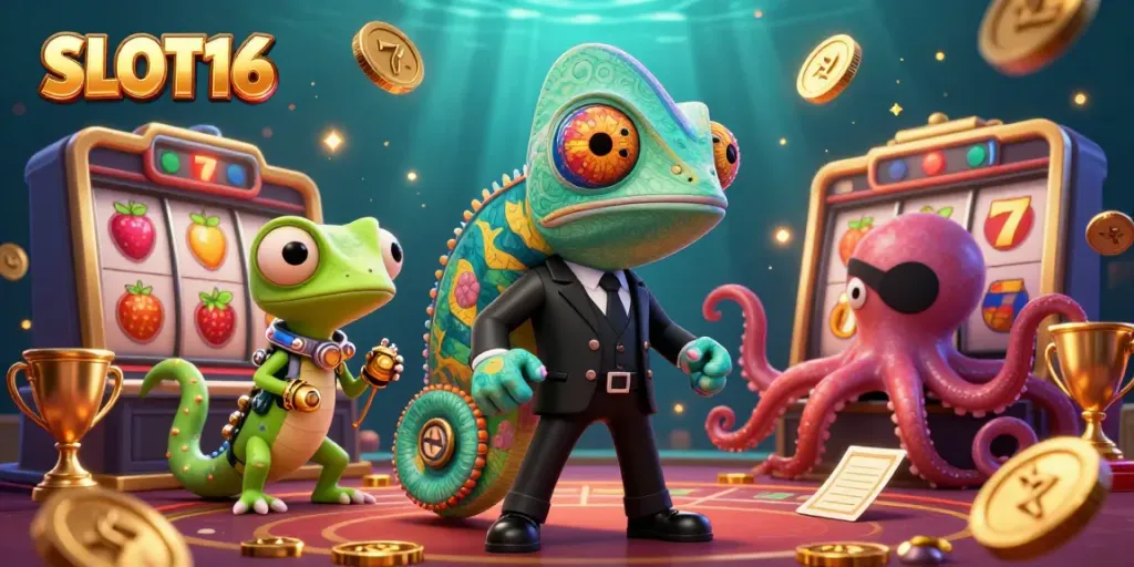 SLOT16's vibrant casino scene with a color-changing chameleon, tech gecko, and octopus amidst slot reels and golden trophies.