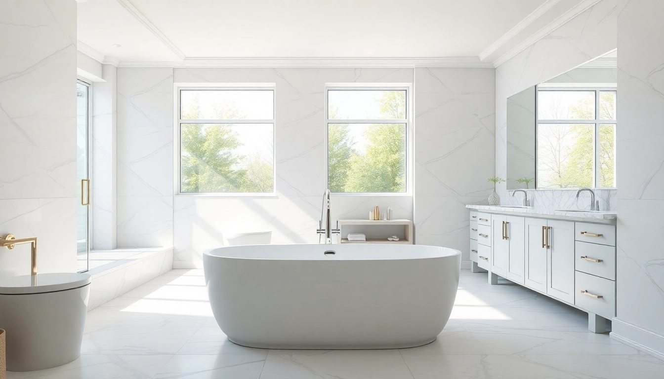Stunning modern bathroom renovation near me showcasing elegant features and natural lighting.