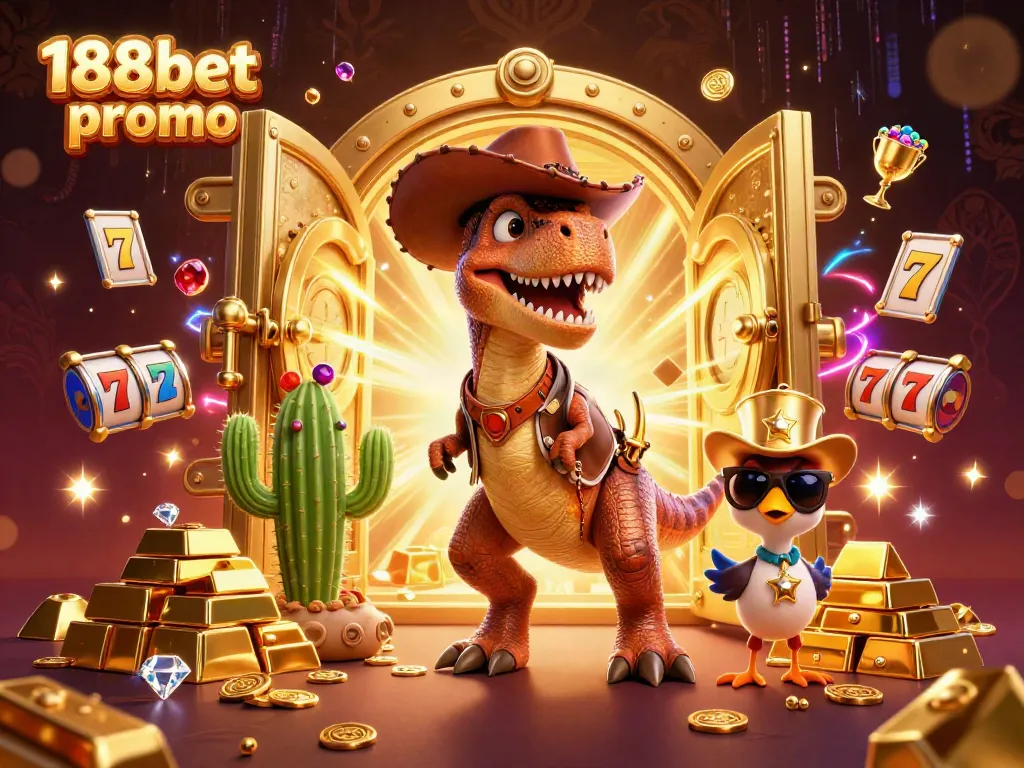 Promote the 188bet promo with a lively 3D scene of a T-Rex and vibrant casino elements.