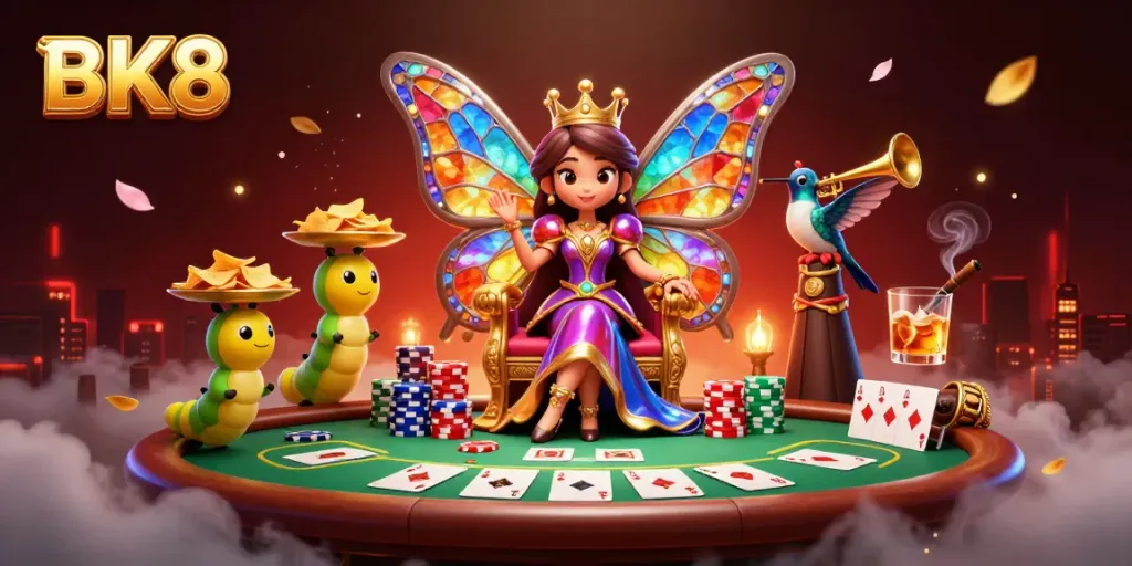 Experience the excitement of BK8 with vibrant casino elements amidst a royal gambling scene.