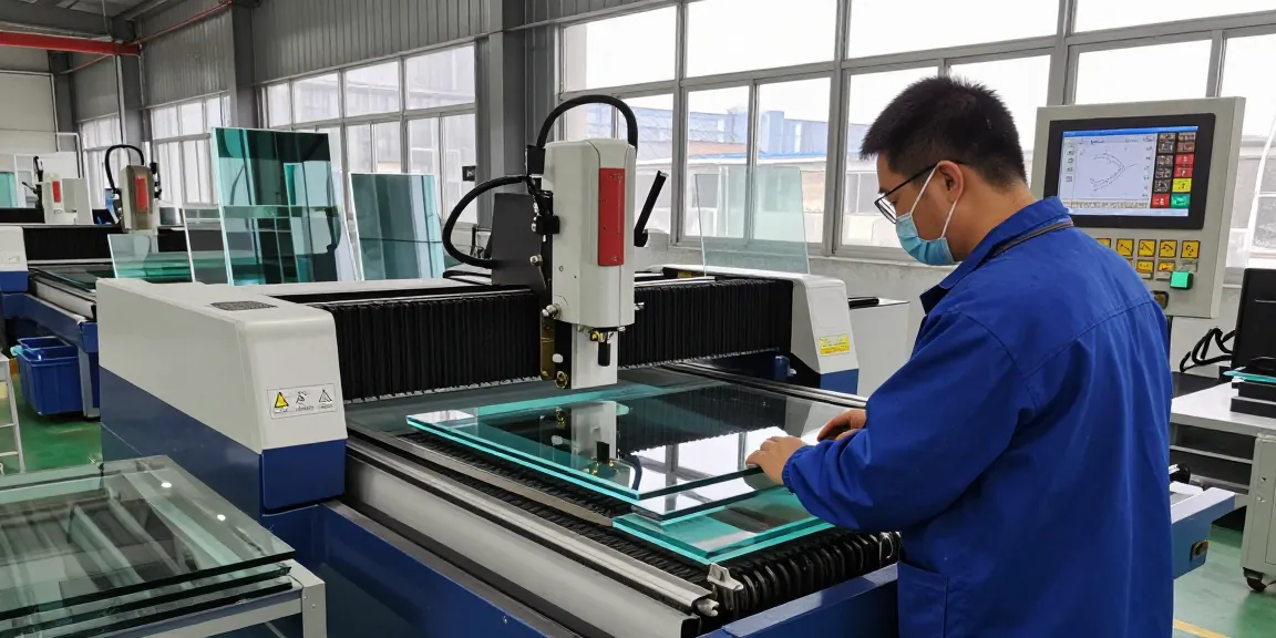 Technician using a glass cutting machine in a modern workshop.
