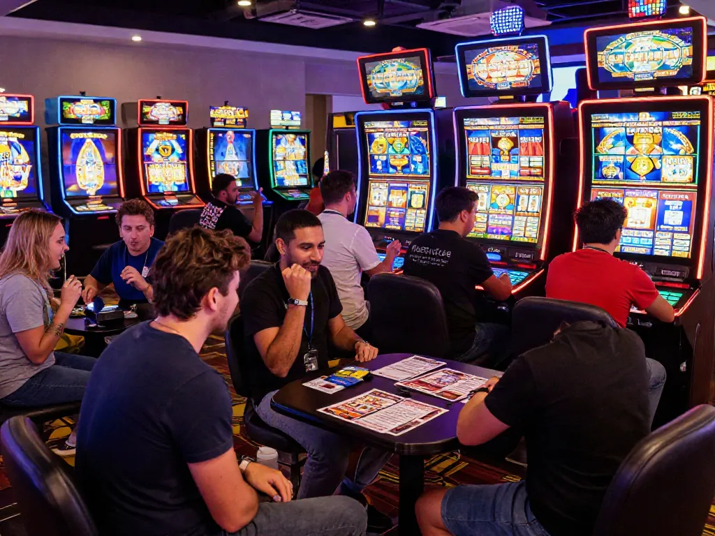 Exciting slot game scene showcasing diverse players enjoying slot machines with vibrant lights and interactive screens.