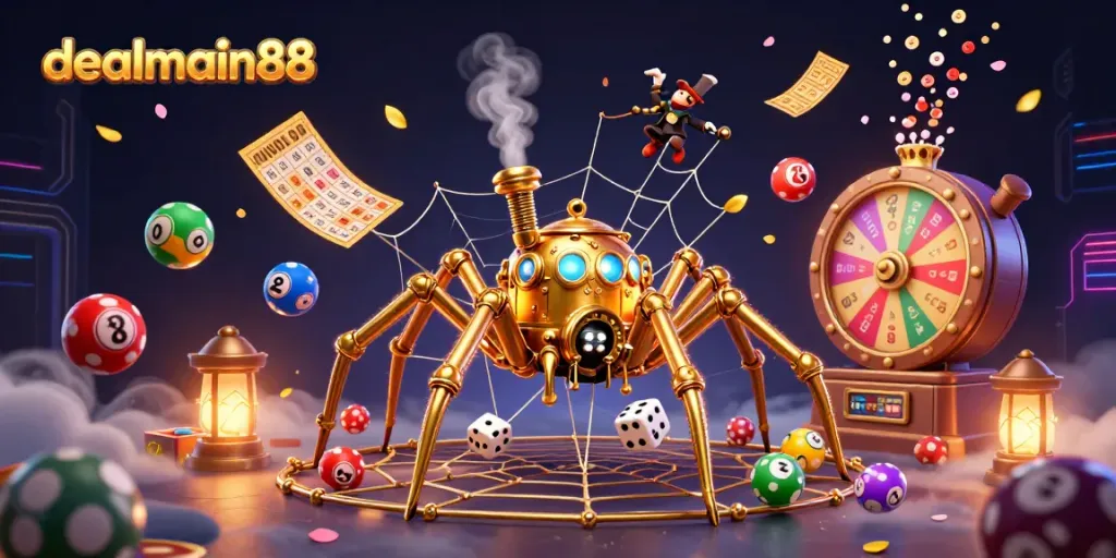 Engage with dealmain88 in a vibrant 3D casino scene featuring a golden spider and dynamic lottery elements.