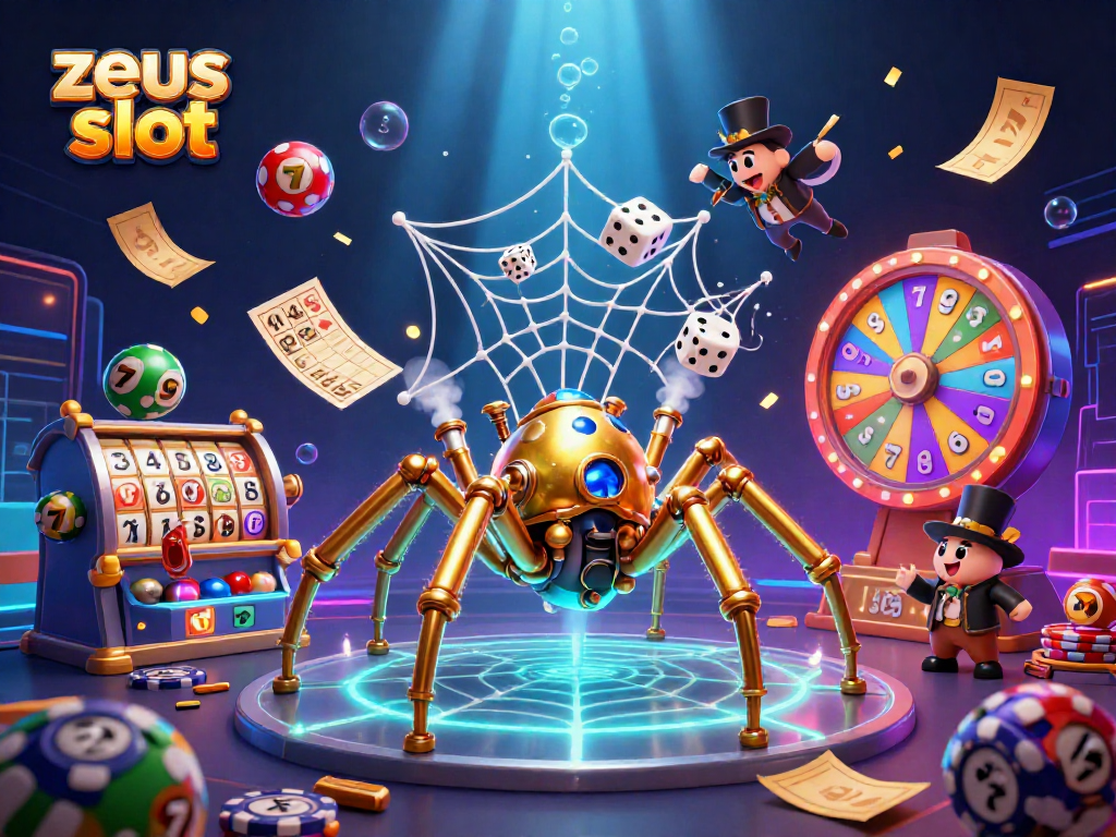 Permainan zeus slot dengan karakter laba-laba dan bola lotere warna-warni dalam ilustrasi 3D yang dinamis.