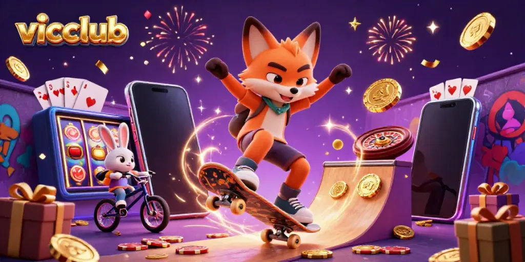 Experience vicclub excitement as a skateboarder fox performs tricks over poker chips in a vibrant casino scene.