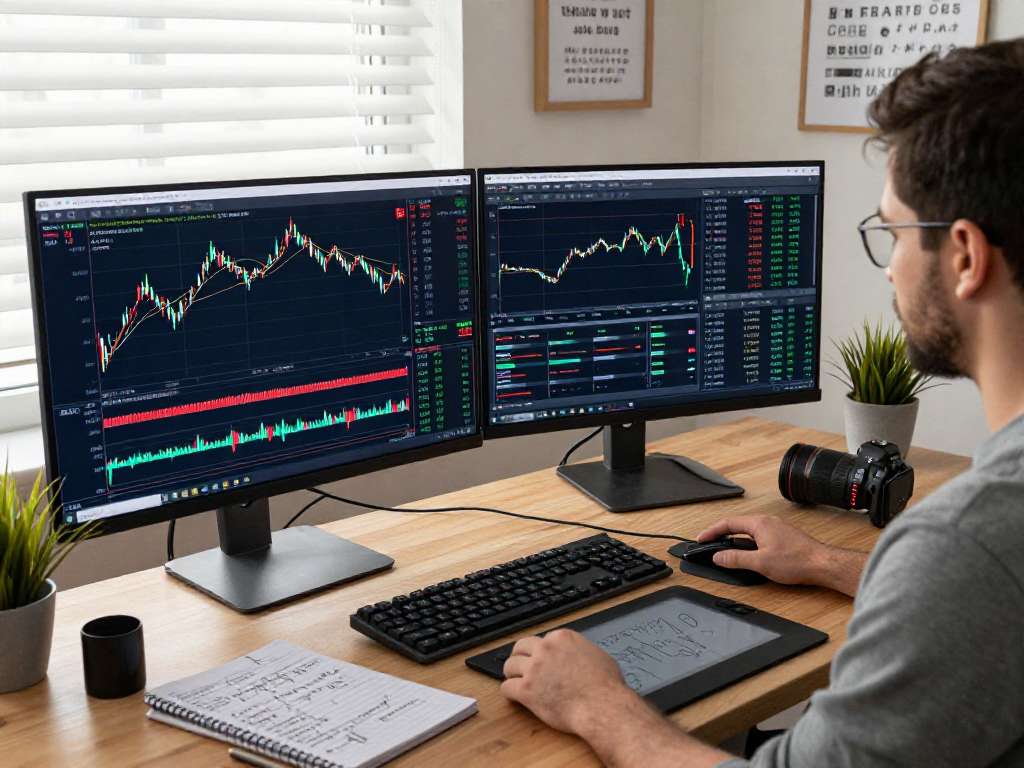Dynamic trading workspace with MetaTrader 5 interface and live charts for financial analysis.