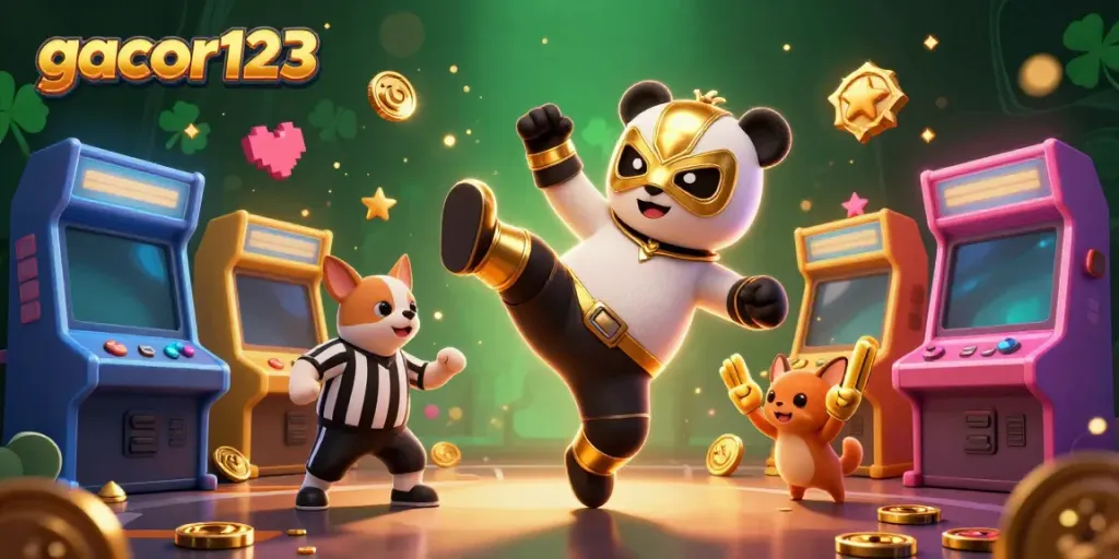 Experience dynamic casino action with gacor123 featuring a wrestler panda and cheering animal spectators.