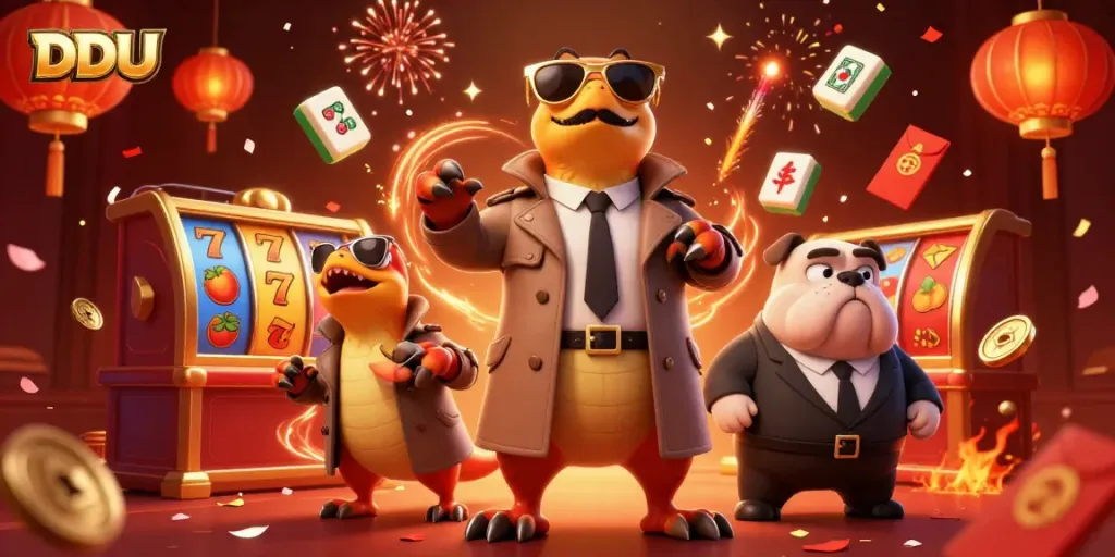 Engage with DDUU, featuring raptors in disguise entering a casino, enhanced with dynamic gaming elements.