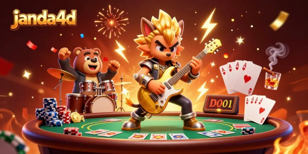 JANDA4D menghidupkan pengalaman kasino dengan wolf rockstar bermain gitar emas di panggung