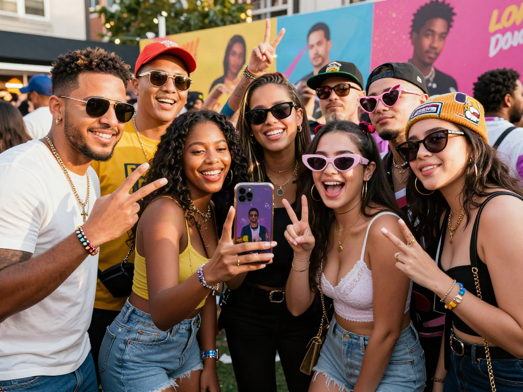 Group of friends celebrating their celebrity look alike matches with joyful expressions in a vibrant urban setting.