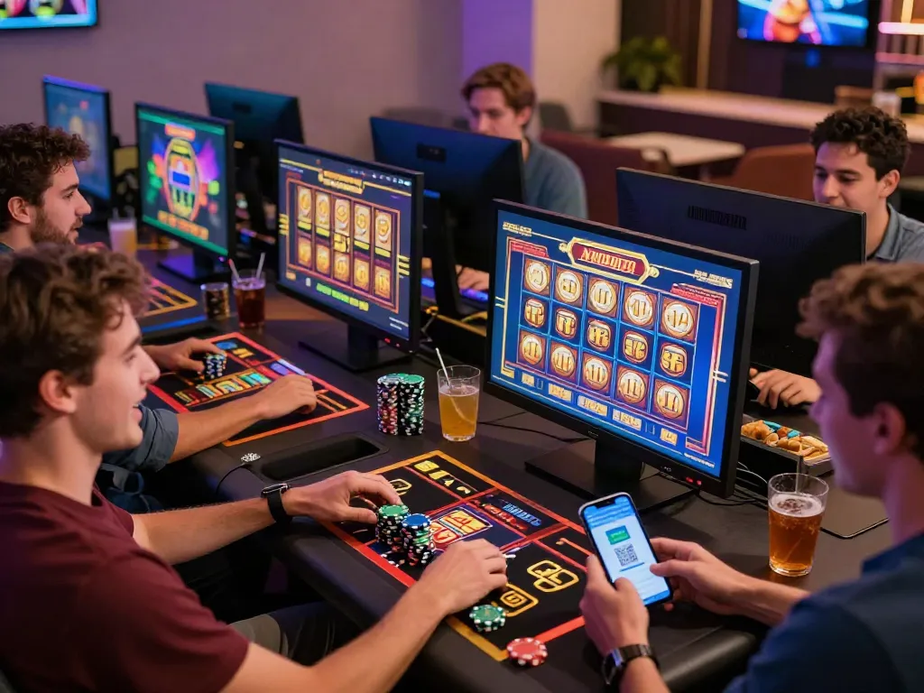 Exciting slot game players enjoying wins at home with QRIS payments.