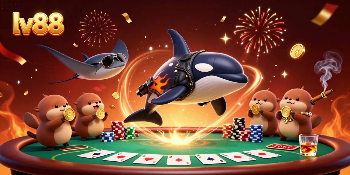 Engage with LV88's animated casino world featuring joyful sea creatures celebrating wins.