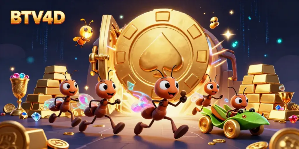 Ant tim 3D berlari membawa chip poker raksasa di BTV4D, dikelilingi harta karun bersinar.