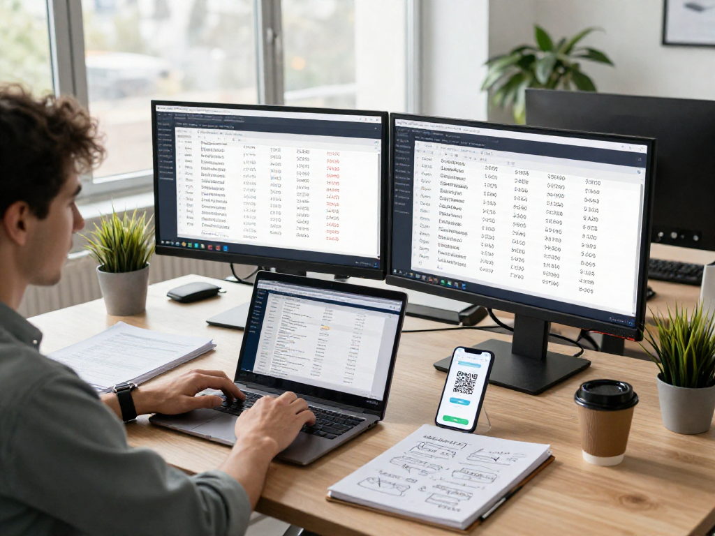 Who called me tool in action with a developer checking phone number origins on dual monitors in a bright tech workspace.