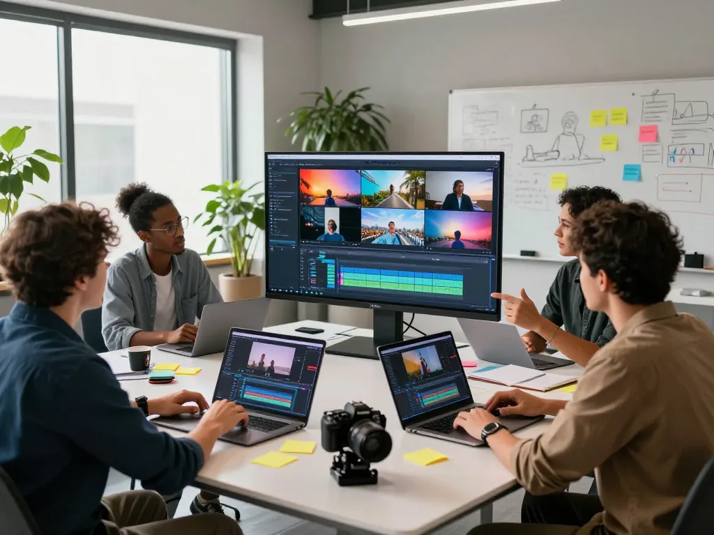 Team collaborating on AI video production using seedance 2.0 in a modern workspace.