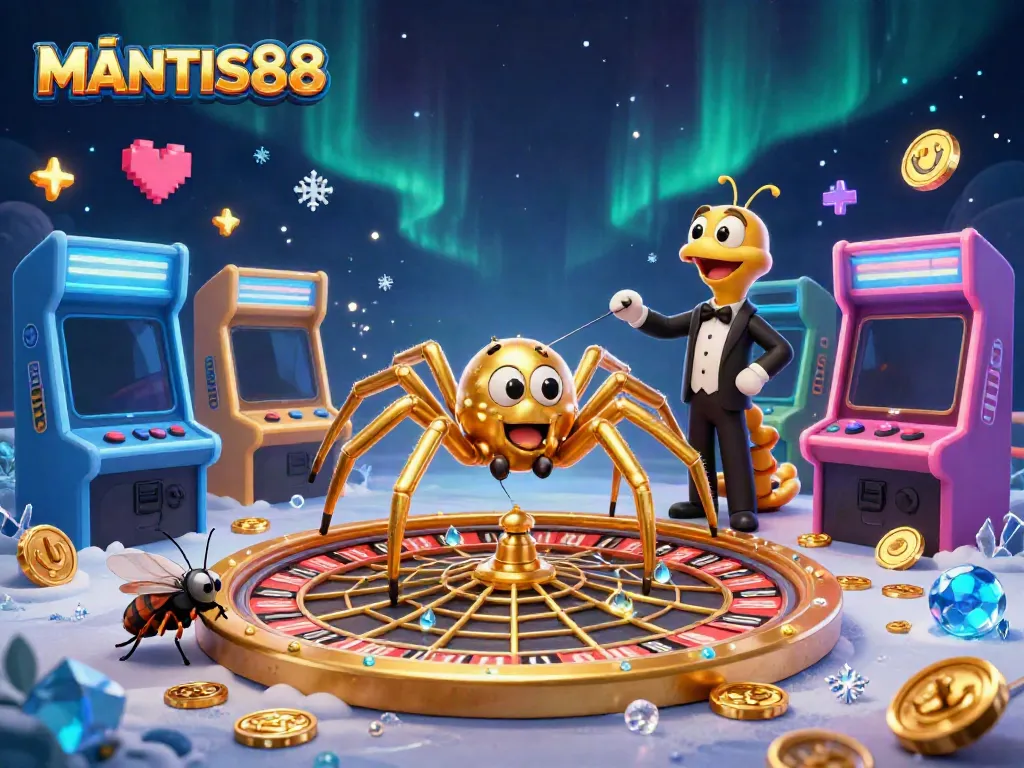 MANTIS88, the online gaming hub, showcases a vibrant casino environment with a unique golden spider roulette.