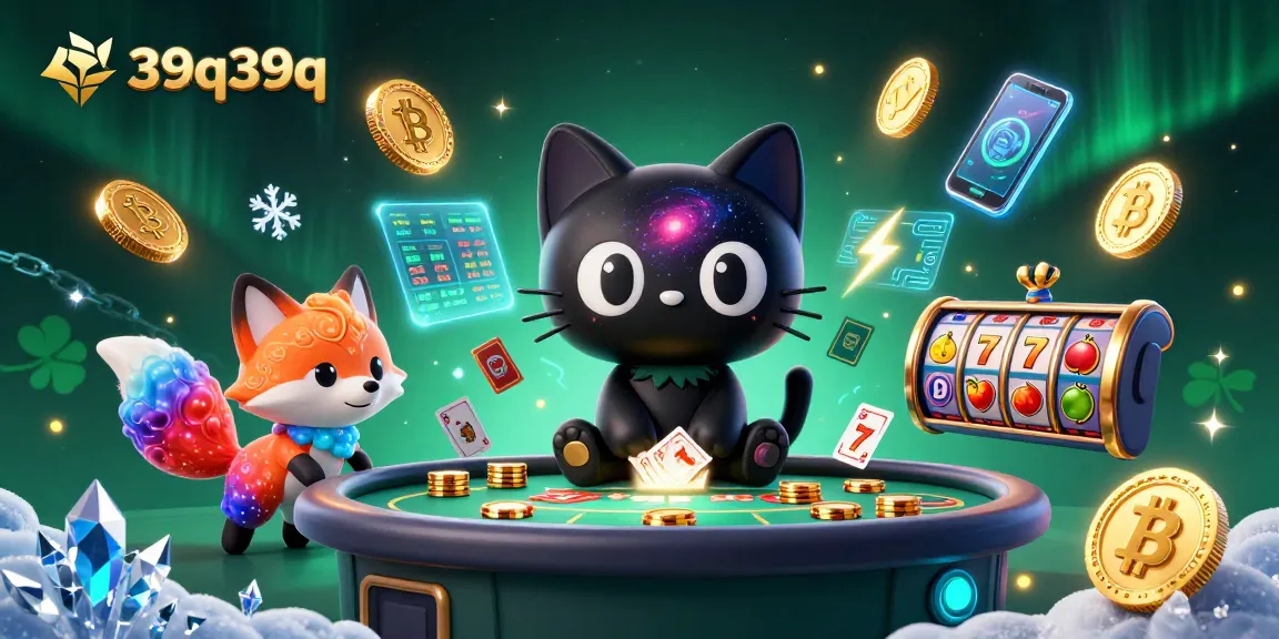 Engage with 39q39q in a cosmic casino scene featuring an energetic black hole cat and a nebula fox.