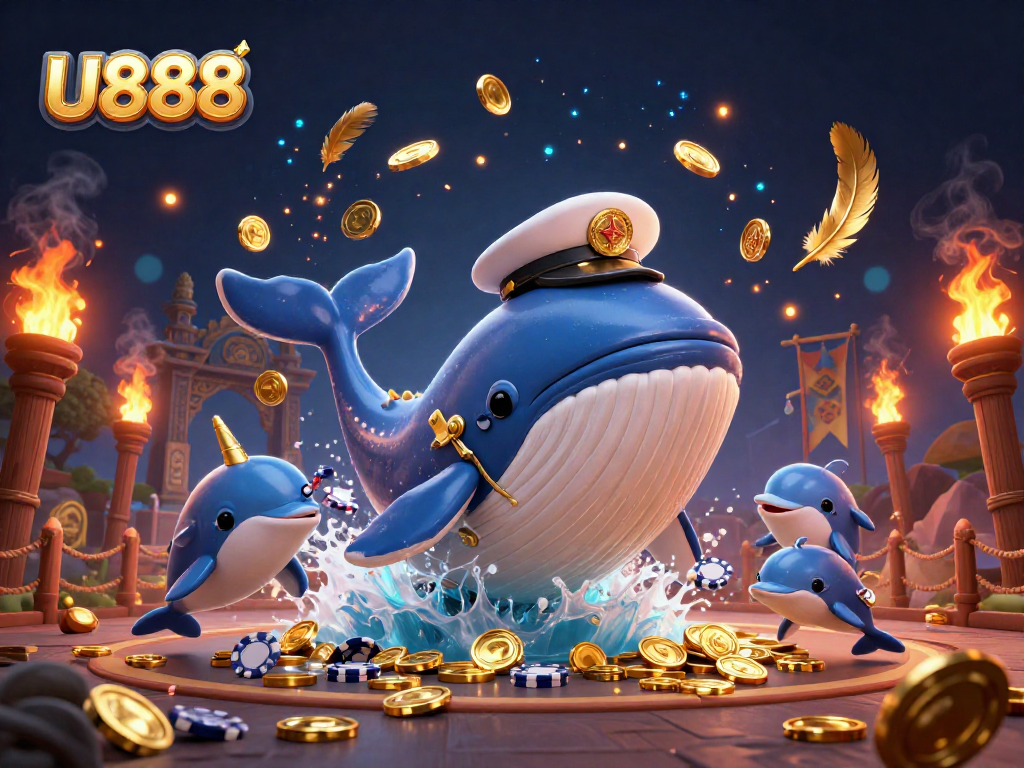 U888 showcases an exciting casino experience with a giant whale breaching coins and playful dolphins tossing poker chips.
