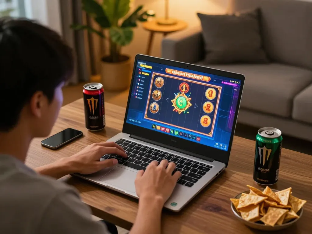 Player engaging in a slot gacor thailand game on a laptop, cozy home atmosphere.